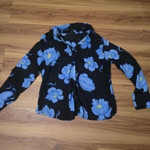 Black Blue Floral Long Sleeve Blouse Top Small
